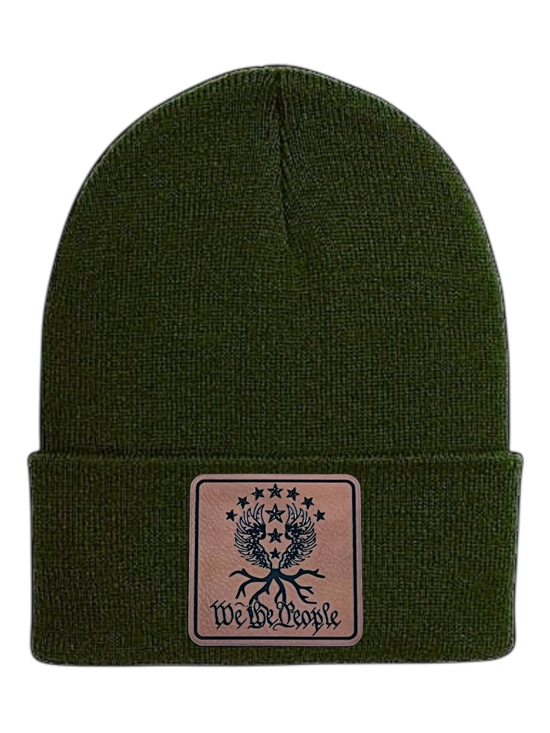 We the People Leather Patch Beanie | OD Green - We the People Apparel
